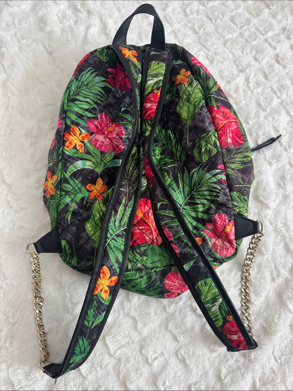 Victoria's Secret Black Tropical Floral Mini Backpack with Gold Chain - Picture 3 of 5